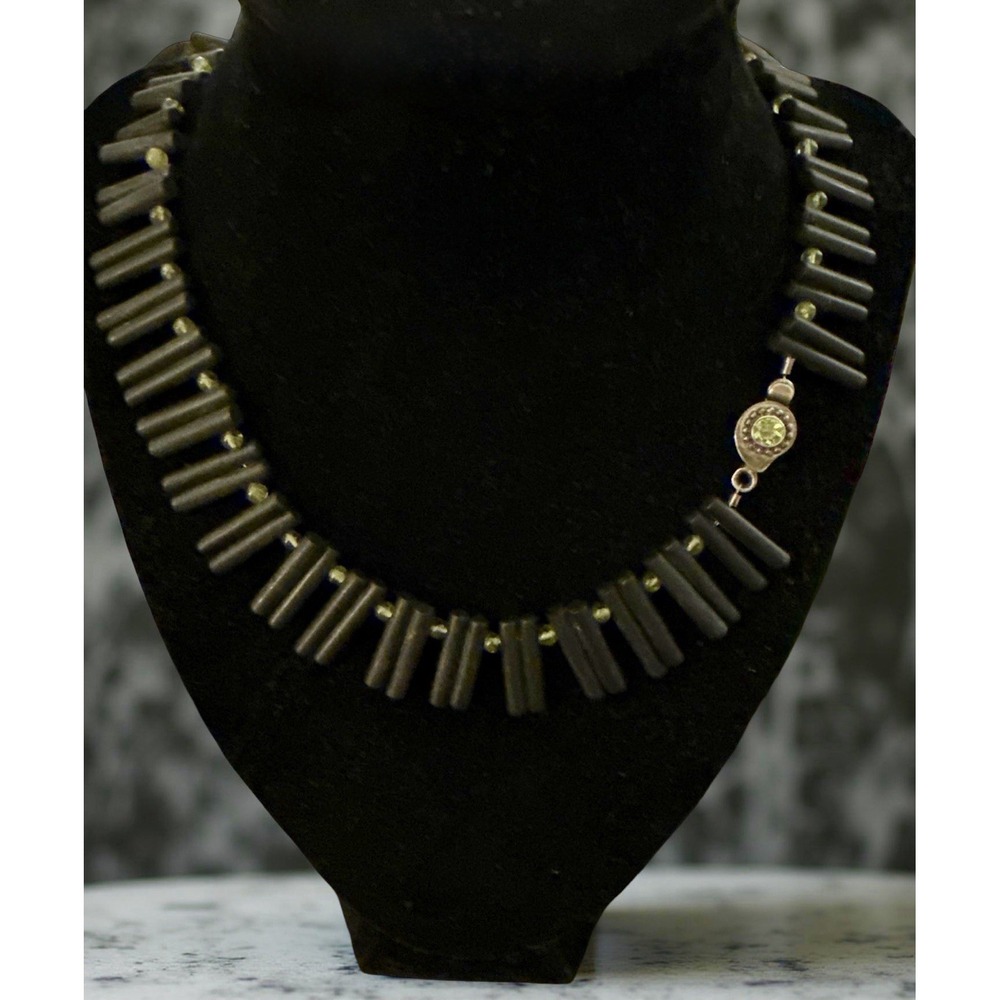 Vintage Sterling Silver Necklace – Black Onyx Tube Beads & Green Gems Marked 925
